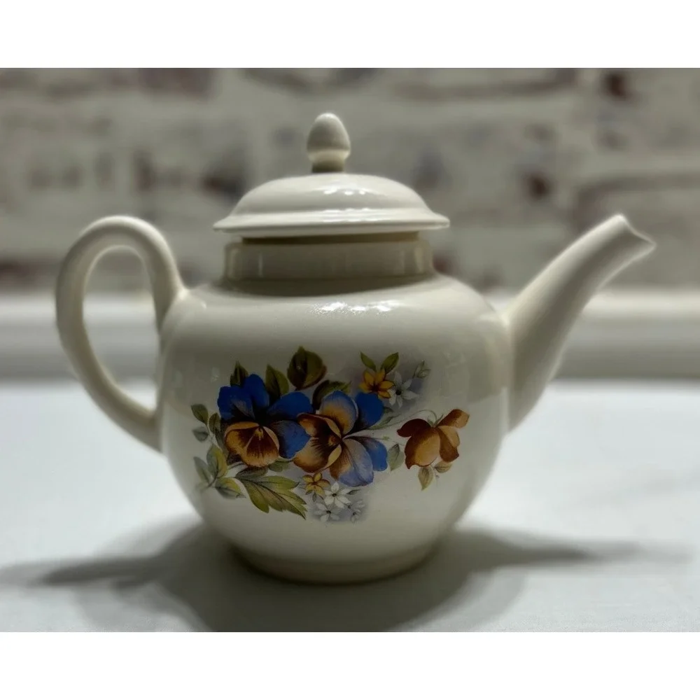 Vintage Floral Ceramic Teapot Cream with Blue and Orange Pansies 6 inch